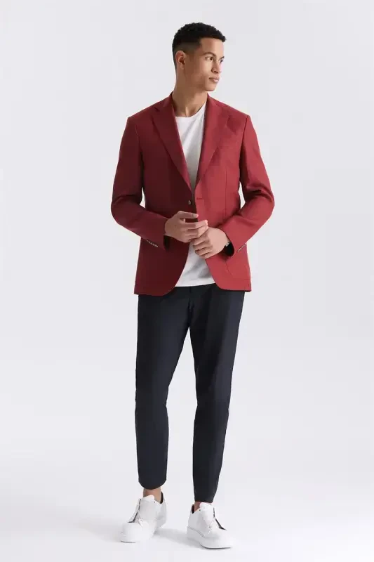 Red Slim Fit Mono Collar Linen Blazer - 2