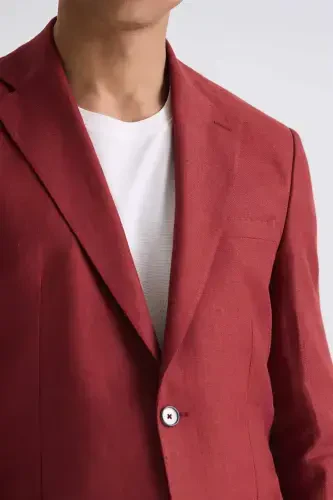 Red Slim Fit Mono Collar Linen Blazer - 3