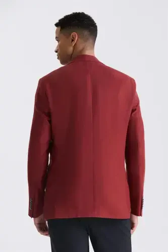 Red Slim Fit Mono Collar Linen Blazer - 4