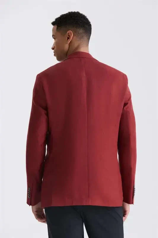Red Slim Fit Mono Collar Linen Blazer - 4