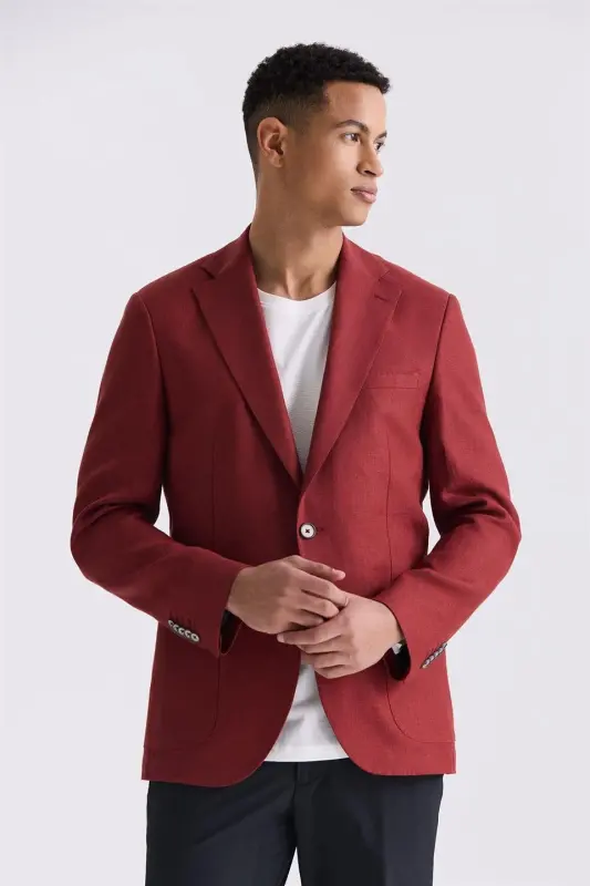 Red Slim Fit Mono Collar Linen Blazer - JAKAMEN