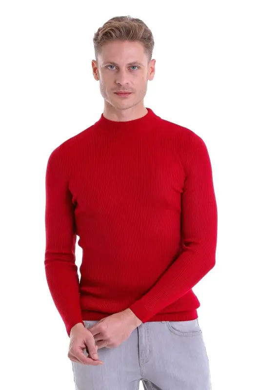 Red Slim Fit Ribbed Turtleneck Wool - 2