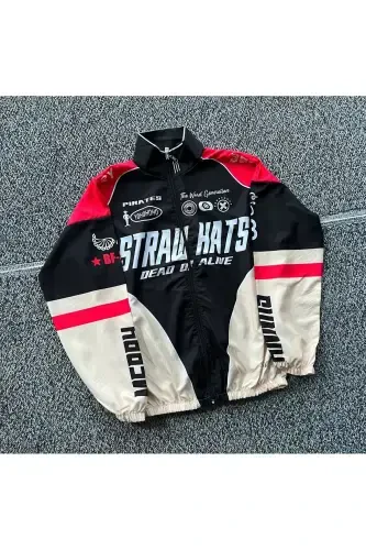 Red STRAW Digital Design Printed Zippered Raincoat & Windbreaker-Red - 1