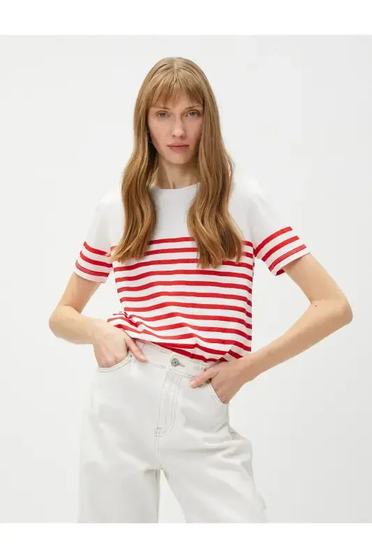 Red Striped Women's T-Shirt 3SPK10002EK - KOTON