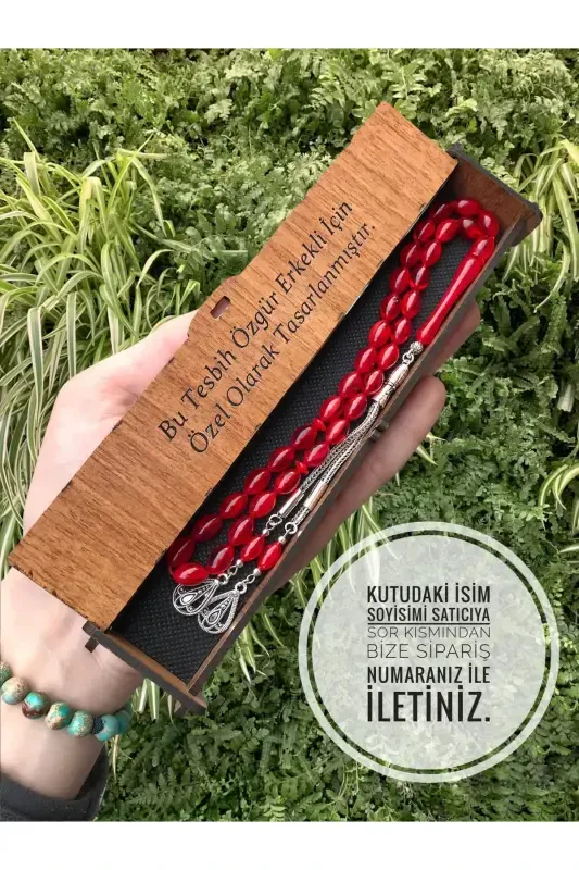 Red Tasseled Wooden Boxed Dust Amber Rosary-tasseledred3 - KANUNİ TESBİH