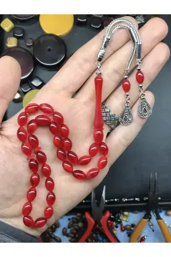 Red Tasseled Wooden Boxed Dust Amber Rosary-tasseledred3 - KANUNİ TESBİH (1)