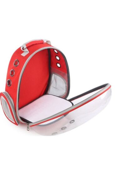 Red Transparent Astronaut Cat Dog Carrier Bag with Plush Base - KSBURDA (1)