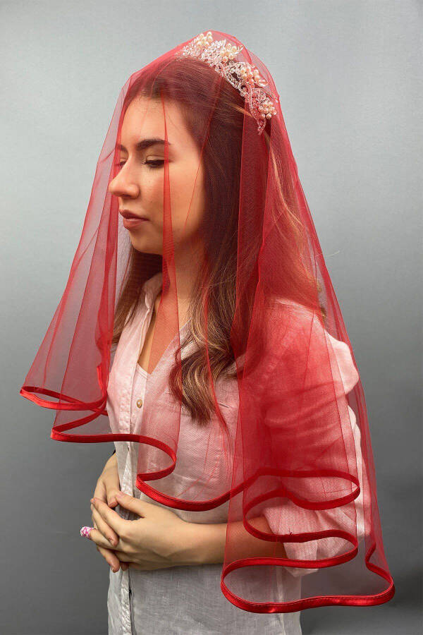 Red Trimmed Bridal Veil Face Cover - 1