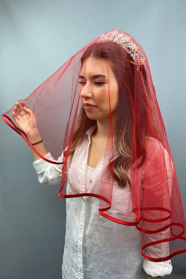 Red Trimmed Bridal Veil Face Cover - 2