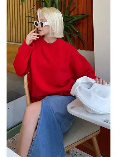 Red Turtleneck Oversize Knit Sweater Mg1972-Red - 3