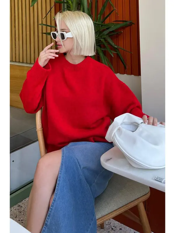 Red Turtleneck Oversize Knit Sweater Mg1972-Red - 3