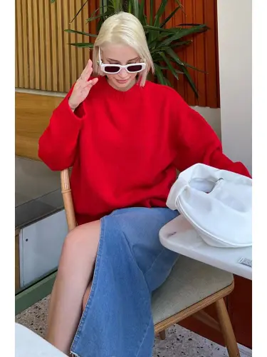 Red Turtleneck Oversize Knit Sweater Mg1972-Red - 4