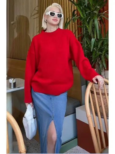 Red Turtleneck Oversize Knit Sweater Mg1972-Red - 5