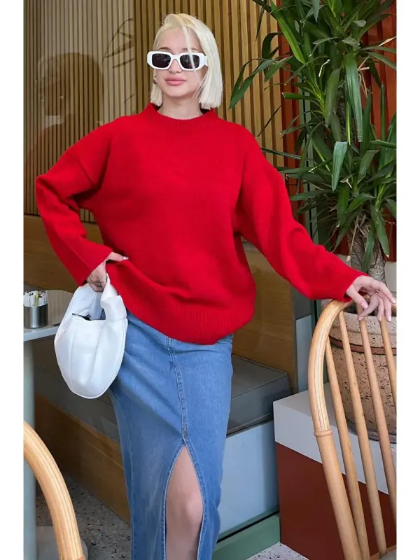 Red Turtleneck Oversize Knit Sweater Mg1972-Red - 6