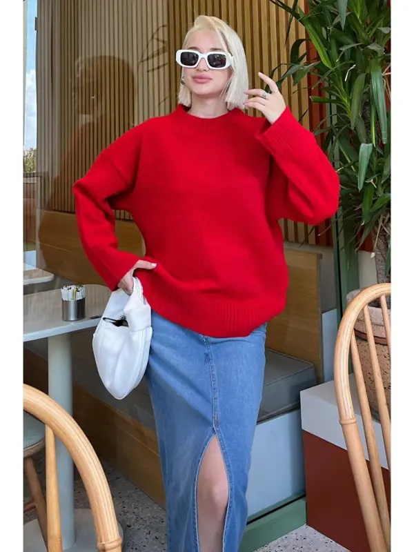 Red Turtleneck Oversize Knit Sweater Mg1972-Red - 7
