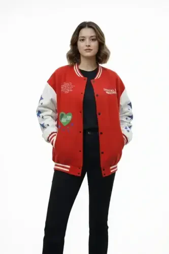 Red Varsity Snap Front Printed Oversize Fit College Jacket - Red - 1