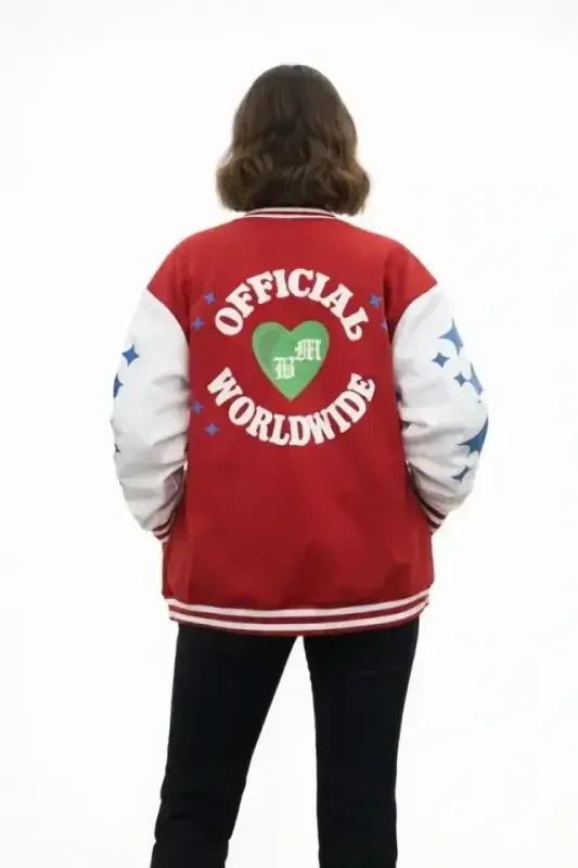 Red Varsity Snap Front Printed Oversize Fit College Jacket - Red - 2