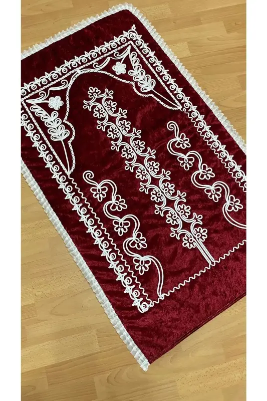 Red Velvet Bridal Trousseau Prayer Rug Set-RED - AYHANHOME