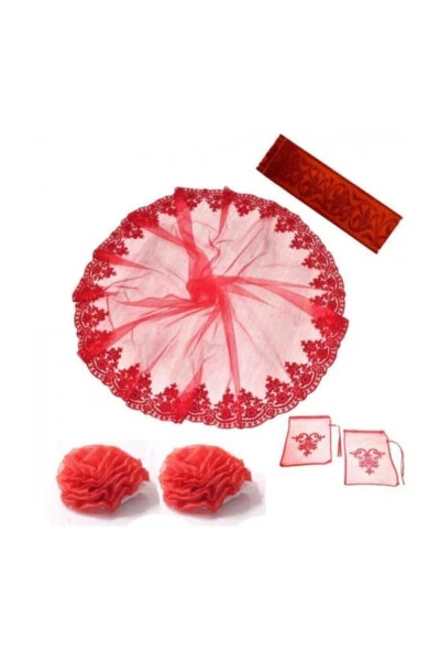 Red Velvet Luxury Bridal Veil Glove Belt Full Set - GENEL MARKALAR