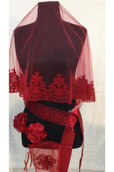 Red Velvet Luxury Bridal Veil Set 6 Pieces - GENEL MARKALAR