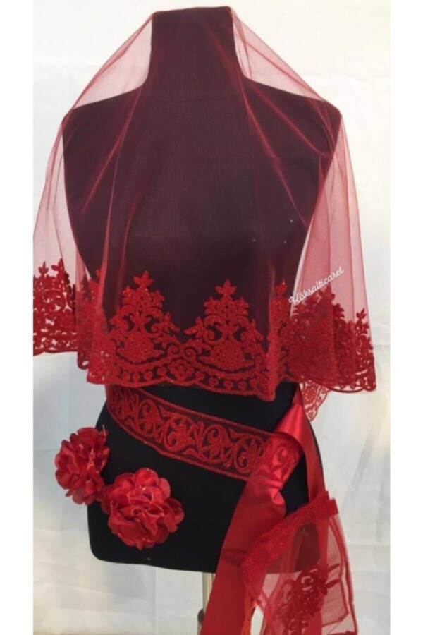 Red Velvet Luxury Bridal Veil Set 6 Pieces - 2
