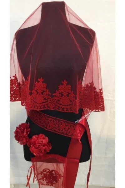 Red Velvet Luxury Bridal Veil Set 6 Pieces - 3