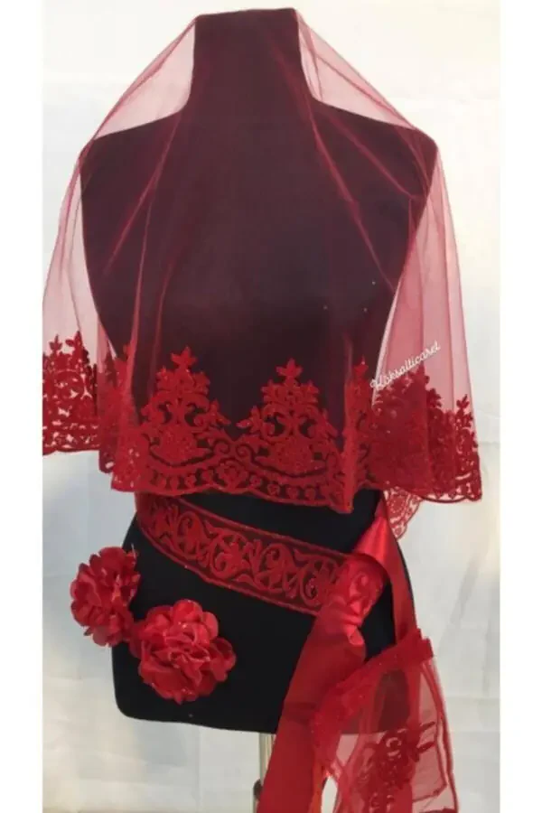 Red Velvet Luxury Bridal Veil Set 6 Pieces - 2