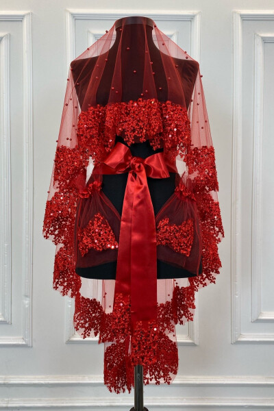 Red VIP Bridal Veil Set, Daisy Lace Beaded Sequin Pearl Henna Veil Set 6 Pieces - 14