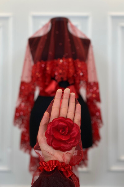 Red VIP Bridal Veil Set, Daisy Lace Beaded Sequin Pearl Henna Veil Set 6 Pieces - 12
