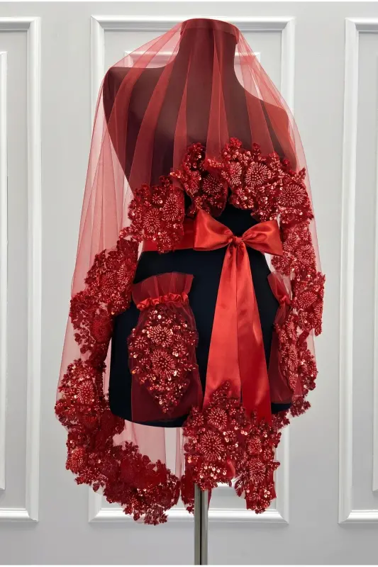 Red VIP Bridal Veil Set, Henna Veil Cover Set - 1