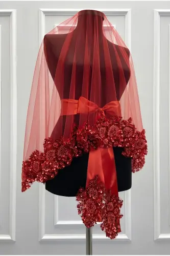Red VIP Bridal Veil Set, Henna Veil Cover Set - 3