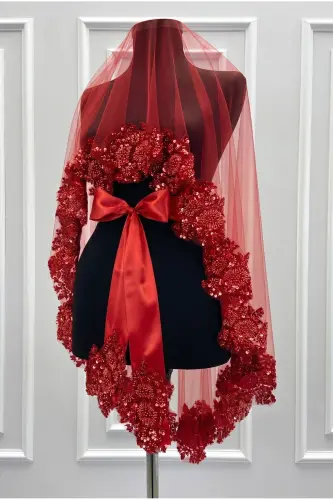 Red VIP Bridal Veil Set, Henna Veil Cover Set - 4