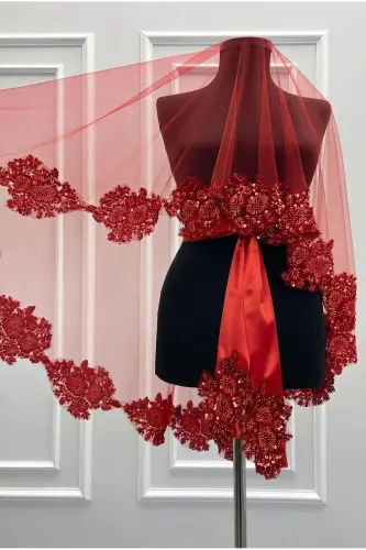 Red VIP Bridal Veil Set, Henna Veil Cover Set - 5