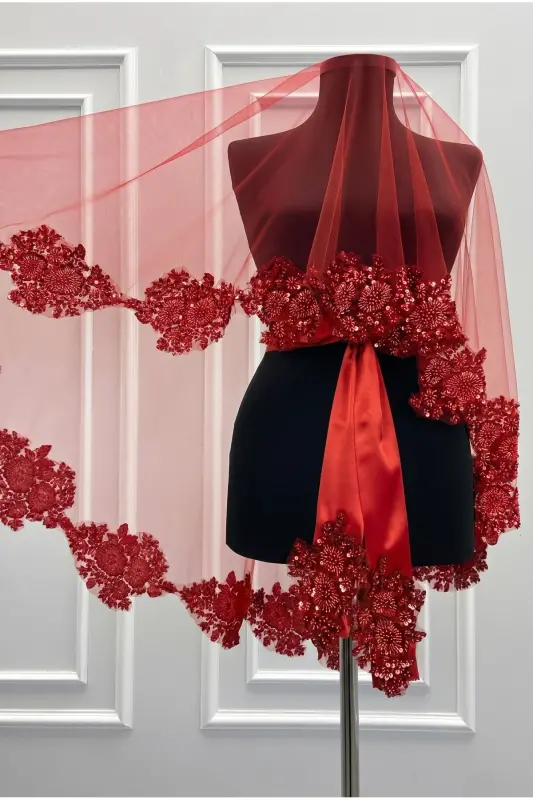 Red VIP Bridal Veil Set, Henna Veil Cover Set - 5