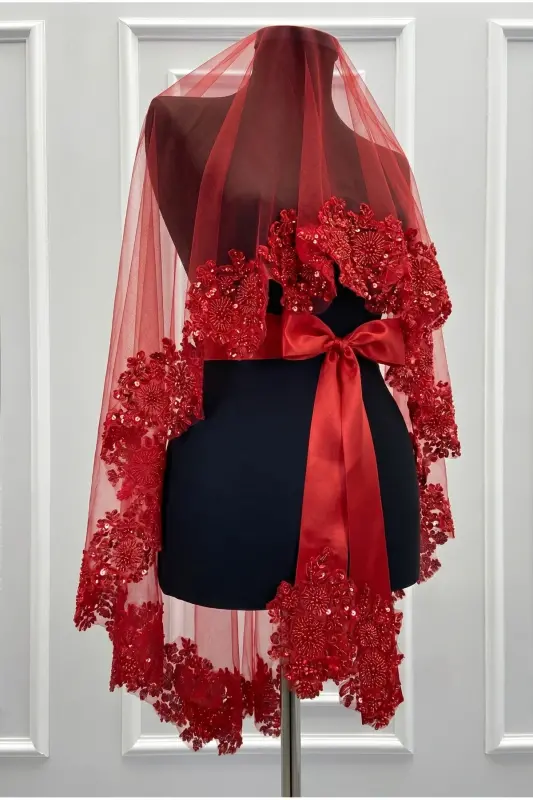 Red VIP Bridal Veil Set, Henna Veil Cover Set - 6