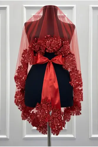 Red VIP Bridal Veil Set, Henna Veil Cover Set - 7