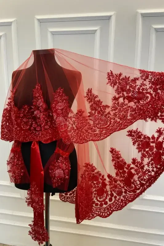 Red VIP Luxury Bridal Veil Set, Henna Night Veil with Wide Applique 6 Piece Set-Red - 1