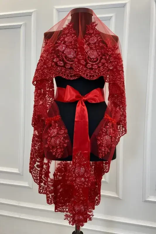 Red VIP Luxury Bridal Veil Set, Henna Night Veil with Wide Applique 6 Piece Set-Red - 2