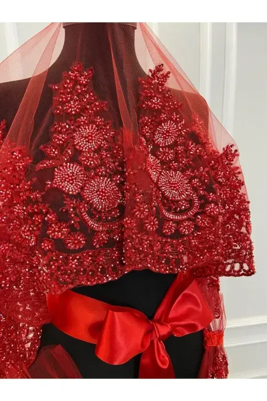 Red VIP Luxury Bridal Veil Set, Henna Night Veil with Wide Applique 6 Piece Set-Red - 3