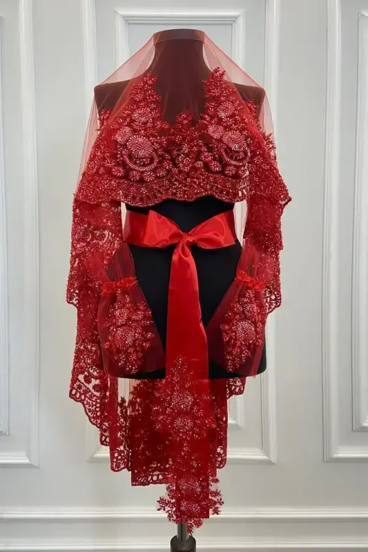 Red VIP Luxury Bridal Veil Set, Henna Night Veil with Wide Applique 6 Piece Set-Red - 5