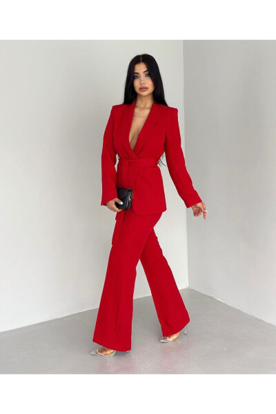 Red Women's Belted Jacket and Pants Suit - PEMBEKURDELEM (1)