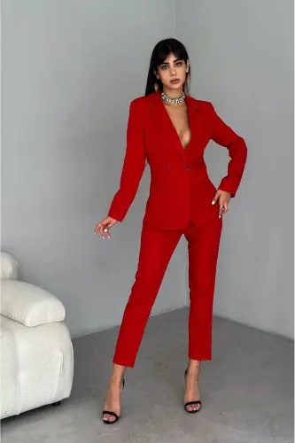 Red Wrap Blazer Jacket Carrot Pants Suit Dress 
