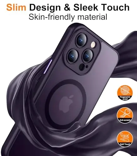 Red2Fire iPhone 15 Pro uchun magnit gʻilof, yangilangan toʻliq kamera himoyasi, Magsafe bilan mos, zarbaga chidamli himoya qiluvchi yarim shaffof matli telefon gʻilofi, iPhone 15 Pro uchun - Toʻq binafsha rang - 6