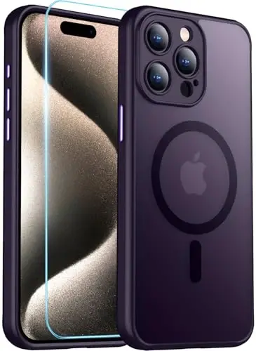 Red2Fire Magnetic for iPhone 15 Pro Case,Upgraded Full Camera Protection,Compatible with Magsafe,Shockproof Protective Translucent Matte Phone Case for iPhone 15 Pro - Deep Purple 