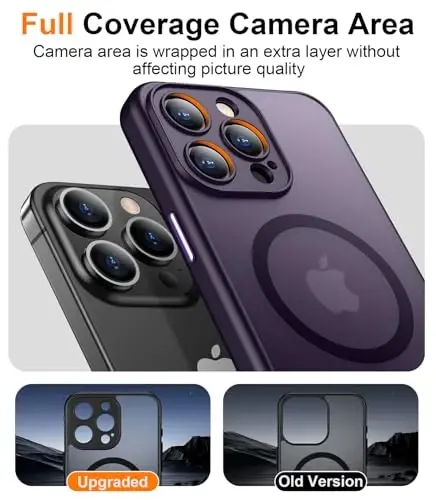 Red2Fire Magnetic for iPhone 15 Pro Case,Upgraded Full Camera Protection,Compatible with Magsafe,Shockproof Protective Translucent Matte Phone Case for iPhone 15 Pro - Deep Purple - 5