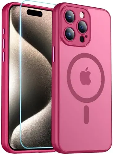 Red2Fire Magnetic for iPhone 15 Pro Case,Upgraded Full Camera Protection,Compatible with Magsafe,Shockproof Protective Translucent Matte Phone Case for iPhone 15 Pro - Rose red 