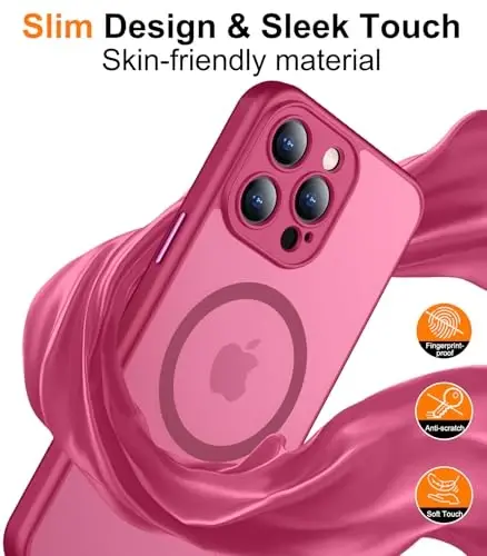 Red2Fire Magnetic for iPhone 15 Pro Case,Upgraded Full Camera Protection,Compatible with Magsafe,Shockproof Protective Translucent Matte Phone Case for iPhone 15 Pro - Rose red - 6