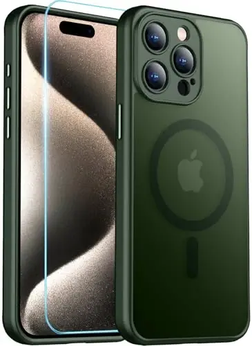 Red2Fire Магнитный чехол для iPhone 15 Pro, усиленная полная защита камеры, совместимость с Magsafe, ударопрочный защитный полупрозрачный матовый чехол для iPhone 15 Pro - темно-зеленый - 1