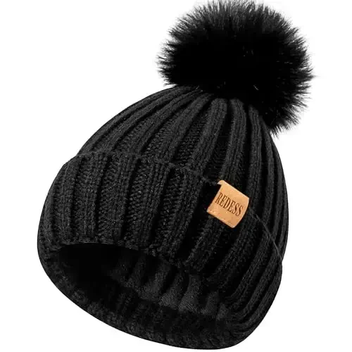 REDESS Ayollar Qishki Trikotaj Shapka Issiq Jun Qoplamali Pompomli Qalpog'i Qalin Cho'ziq Qor Trikotaj Bosh Suyagi Chang'i Qalpog'i - 3