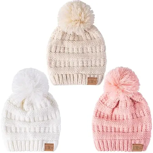 REDESS Baby Kids Winter Warm Hats, Infant Toddler Children Pom Pom Beanie Knit Cap Girls Boys - REDESS (1)